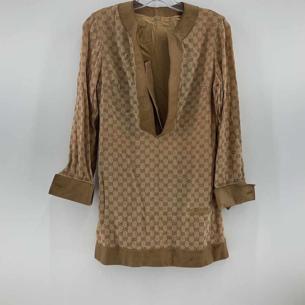 1970s Gucci Monogrammed Logo Tunic Dress w/Leather Trim Womens Size 44